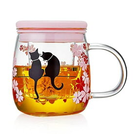 ポカロティー 茶こし付きマグカップ 400ml 耐熱ガラス製 蓋付き 温度で色が変わる猫と桜のティーカップ