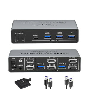 8K@60Hz HDMI+DisplayPort KVM�X�C�b�` 2����2�o�� PC 2�䃂�j�^�[2�� KVM �ؑ֊� HDMI2.1 �p�\�R��2�䃂�j�^�[2��؂�ւ� 4��USB 3.0�|�[�g �L�[�{�[�h/�}�E�X/�v�����^�[/���̃f�o�C�X�Ή�