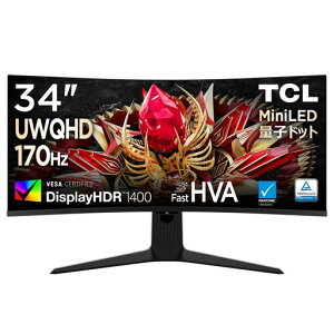 TCL �ʎq�h�b�g Mini LED ���j�^�[ 34�C���` 34R83Q �p�ȗ�1500R �Ȗ� UWQHD 170Hz Fast HVA �p�l�� 1ms ����� HDR 1400 Pantone�F�� HDMI2.1 DP �ȒP�ڑ� ������� �c����]