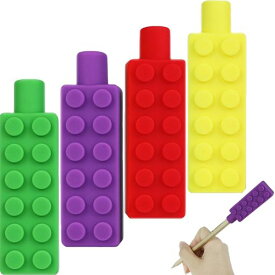 鉛筆キャップ 4個4色セット シリコーン素材 鉛筆エクステンション 積み木形状 柔らかい 静電気防止 自閉症 噛む玩具 噛むおもちゃ 女の子 男の子 大人兼用 子供 口腔モーター必要