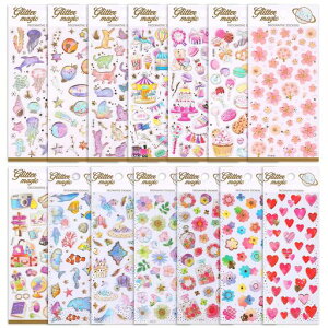 SANNIXキラキラシール女の子14シートごほうびシール手帳ステッカーぷくぷくシールキラキラハート立体デコステッカーごほうびスケジュール帳星花と貝殻クラゲ