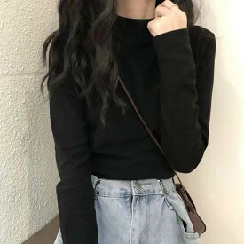 ［秋スマイルタイムセール］シンプル モックネック タイトトップス 長袖 タートルネック ハイネック インナー プルオーバー ニット セーター ロンT Tシャツ ブラック 黒 ホワイト 白 オススメ 韓国ファッション 【メール便】 [M便 1/1]