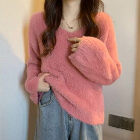 ふんわりシャギーニット ニット トップス レディース 長袖 ゆるニット シャギーニット暖かいハイゲージニット オフホワイト 白 ピンク オススメ 22F35626