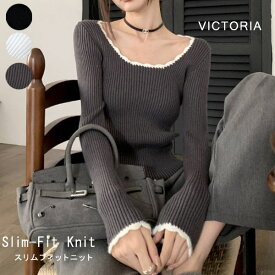 ［秋スマイルタイムセール］リブニット 長袖 フリルデザイン 小さめ トップス セーター クルーネック レディース カットソー リブ編み 無地 きれいめ ニットソー ブラック 黒 グレー オススメ 【メール便】 [M便 1/1]