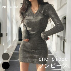 リブニットミニワンピース スリムフィット タイト 韓国 ファッション Vネック タイト ミニ丈 長袖 ニットワンピース レディース細見え 着痩せ 黒 ブラック グレー 【メール便】 [M便 1/1] 822F95318