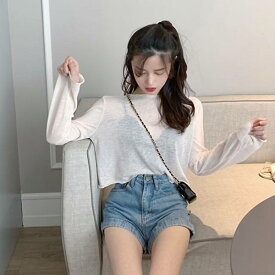 クロップド丈シースルー 韓国 ファッション シアートップス メッシュトップス 長袖 ショート丈 プルオーバー レディース トップス シンプル かわいい 黒 ブラック 白 ホワイト パープル 【メール便】 [M便 1/1]