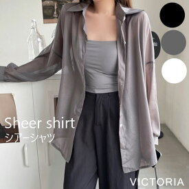 シアーシャツ 長袖 レディース 春夏 ブラウス トップス UV対策 紫外線対策 チュニック ロング丈 ゆったり 大きいサイズ シースルー Vネック シャツ 黒 白 グレー 羽織り 体型カバー シンプル カジュアル きれいめ 冷房対策 韓国ファッション 【メール便】 [M便 1/1]