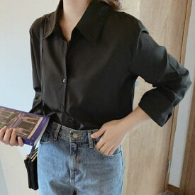 韓国ファッション シャツ レギュラーカラーシャツ レディース 長袖 ブラウス 黒 トップス オフィス フォーマル カジュアル シンプル ベーシック 秋 冬 春 無地 大人 黒 ブラック 【メール便】 [M便 1/1] 822F87815