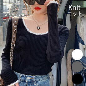 ［11％OFF 秋スマイルセールクーポン］リブニット 長袖 フリルデザイン 小さめ トップス セーター クルーネック バイカラー 細身 レディース カットソー リブ編み 無地 きれいめ ニットソー ブラック 黒 グレー オススメ 【メール便】 [M便 1/1]