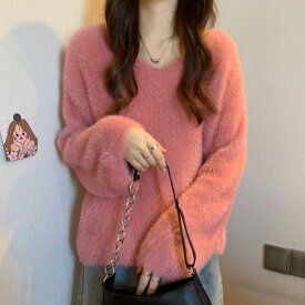 ニット モヘアタッチふんわり シャギーニット ニット トップス レディース 長袖 ゆるニット ハイゲージニット Vネック 秋冬 オフホワイト 白 ピンク ベージュ オススメ 822F35626