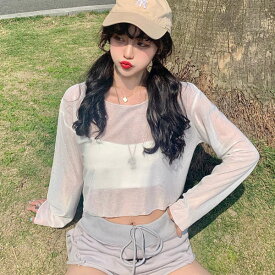 ［秋スマイルタイムセール］シアートップス メッシュトップス 長袖 ショート丈 トップス プルオーバー レディース お洒落 カジュアル トップス プルオーバー チュニック カジュアル シンプル かわいい 黒 ブラック 白 ホワイト パープル 【メール便】 [M便 1/1]