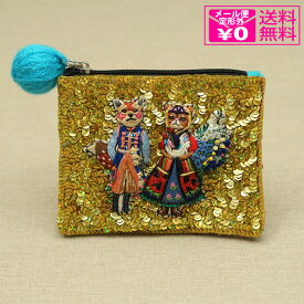 メール便送料無料 タマオワールド スパンコール刺繍ポーチ Folkloreanimals lily of the valley POC3414 ポーチ 小物入れ レディース 刺繍 ファスナー スパンコール キーケース