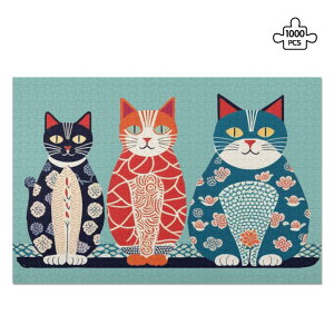 紺・赤・黒の猫たち浮世絵風サイズ別トリオ:サンビキネコ(ジグソーパズル1000ピース) ジグソーパズル1000ピース ユニセックス アクセサリー 動物 猫 パズル ギフト 贈り物 知育 頭の体操