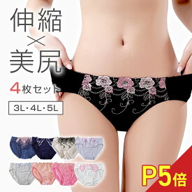 【買いまわり最大P31倍】 ★大きいサイズ★ ストレッチ ショーツ 4枚 福袋 3L 4L 5L 縦横によく伸びる 抜群 快適 大きい 送料無料 レディースショーツ ナイロン スタンダード レディース 女性 パンティー パンティ パンツ レース 下着 インナー 福袋 セット