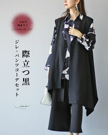 「Vieo」セット 40代 50代 60代 ジレ パンツ レディース ミセス レディースファッション 上品 きれいめ 婦人服 体型カバー 着回し ゆったり フリーサイズ お洒落 大人 際立つ黒 ジレ×パンツコーデセット Vieo