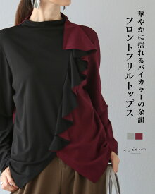 「Vieo」トップス 40代 50代 60代 レディース ミセス レディースファッション 上品 きれいめ 婦人服 体型カバー 着回し ゆったり フリーサイズ お洒落 大人 華やかに揺れるバイカラーの余韻 フロントフリルトップス Vieo