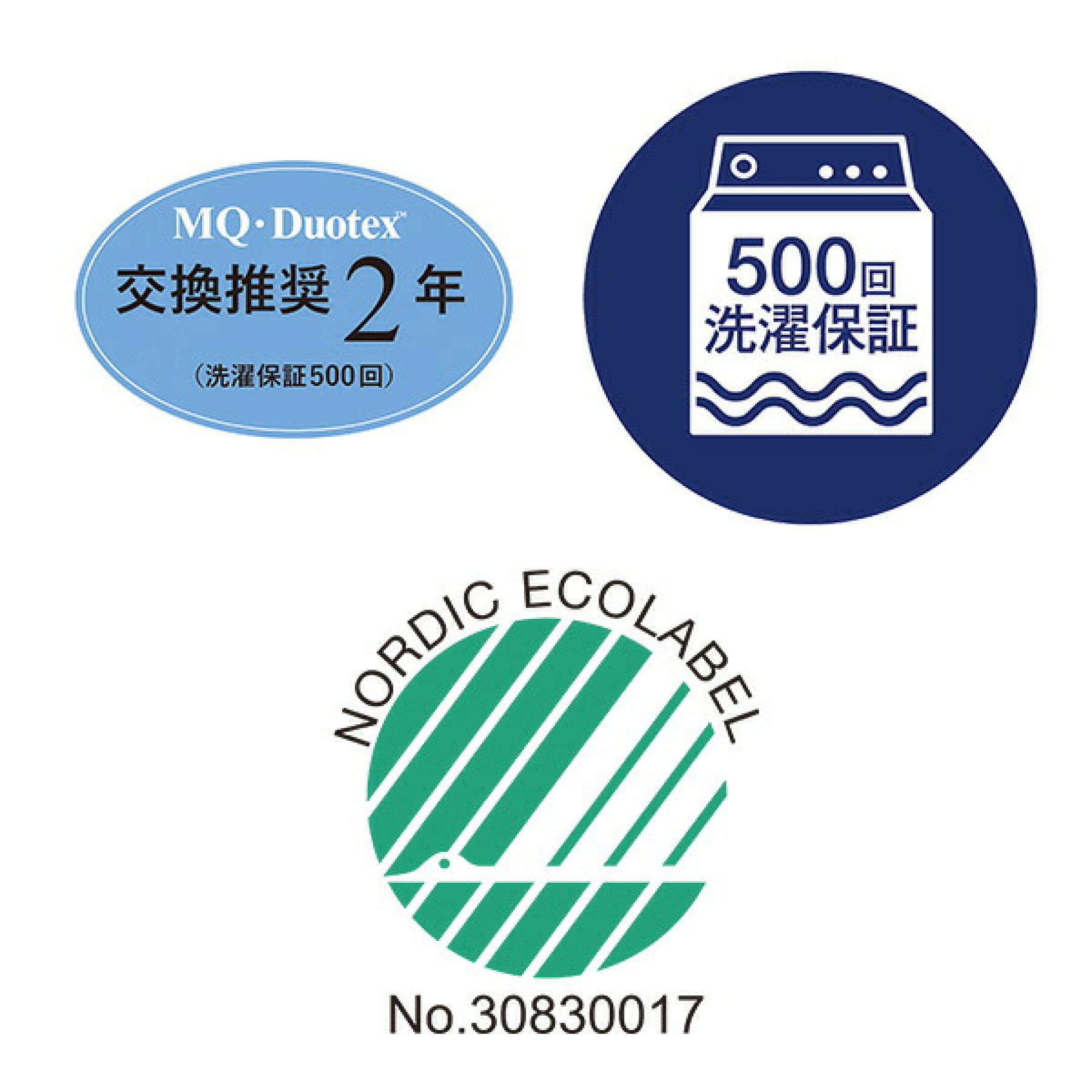 MQ・Duotexの品質と環境性能：交換目安2年・洗濯500回保証、北欧エコラベル認証を取得した環境配慮製品です。