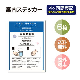 【メール便】6枚セット 注意喚起 4ヶ国語 アルコール消毒標識掲示 ステッカー 背面グレーのり付き 屋外対応 防水◎ 店舗標識や室内掲示にも！シールタイプ stk-c029-6set