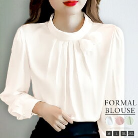 ブラウス レディース トップス スタンドカラー 長袖 花付き フォーマル ゆったり タック入り きれいめ 入学式 卒業式 通勤 エレガント オフィス 春 秋