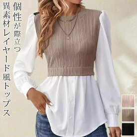異素材 ブラウス トップス レイヤード風 長袖 ラウンドネック 着痩せ プルオーバー 長袖シャツ レディース シンプル カジュアル お出かけ 通勤 春 秋