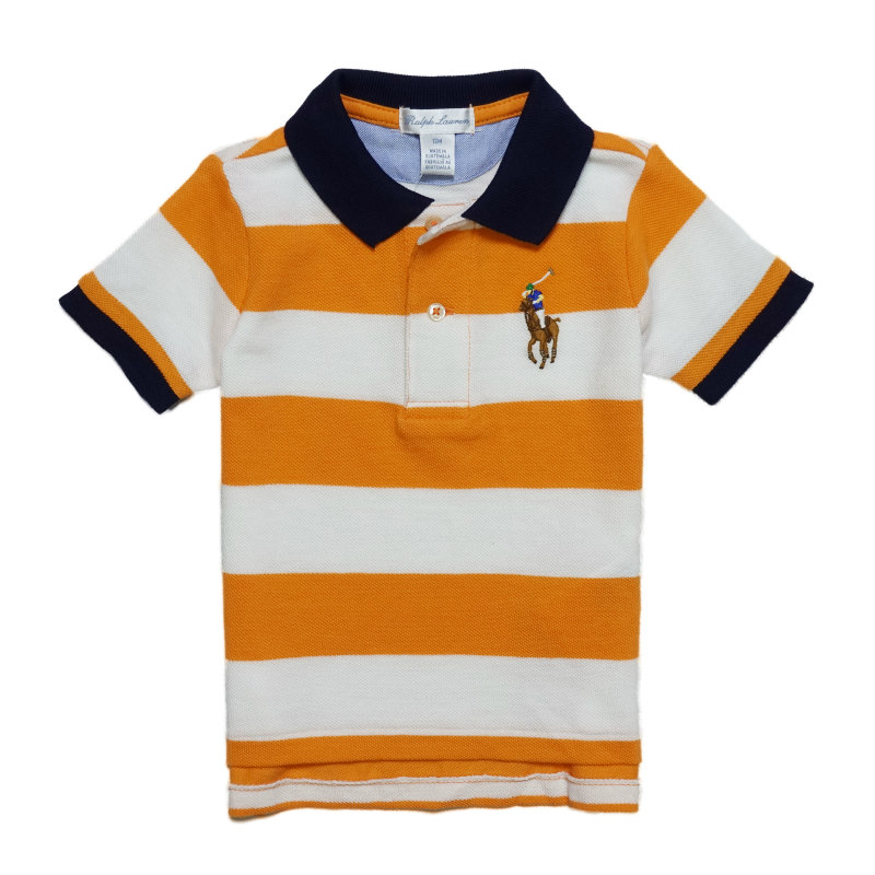 ベビーボーイズ ビッグポニー シンプル 鹿の子 メッシュ ラルフローレン RALPH LAUREN ベビー 男の子 半袖 ポロシャツ Striped Cotton Mesh Polo Shirt オレンジ Thai Orange