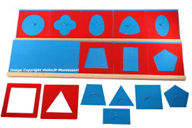 モンテッソーリ　メタルインセッツ　♪スムーズに楽しく図形を描ける♪　木製台付き　幾何図形パズル　Montessori Metal Insets 知育玩具