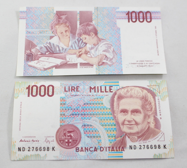 イタリア　1000リラ紙幣　♪新札♪　マリア・モンテッソーリ　Italy 1000 LIRE 100 Uncirculated Maria  Montessori | バイオリンJP