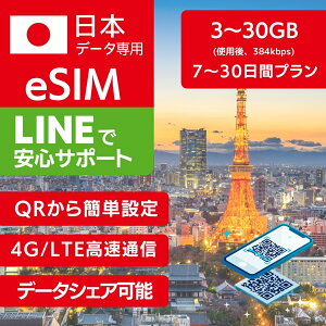 日本 eSIM ローミング KDDI au SoftBank 回線利用 【3GB 7日間】【5GB 15日間】【7GB 15日間】【10GB 20日間】【15GB 30日間】【30GB 30日間】プリペイドSIM e-SIM 日本 旅行 高速 4G LTE データ 土日可 インターネ