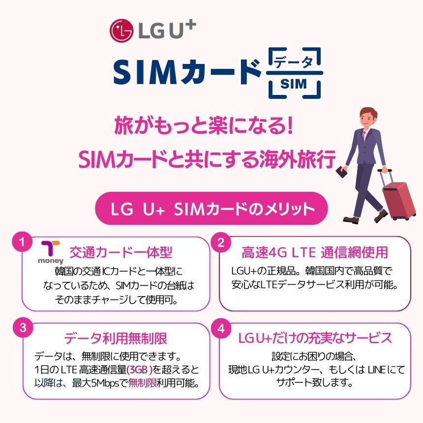 超美品の韓国 プリペイドSIM 5日間 UPLUS LTE LG 4G U 韓国旅行 土日可 データ無制限 高速 正規品 SIM LG 120時間  インターネット SIMカード