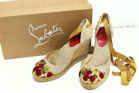 【中古】Christian Louboutin クリスチャンルブタン フラワー刺繍 エスパドリーユ 35 ベージュ系/マルチカラー