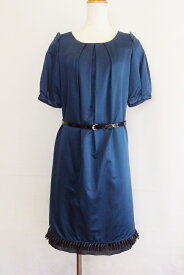 【中古】LANVIN en Bleu ランバンオンブルー 半袖　光沢ワンピース　ベルト付き 36