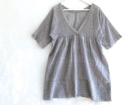 【中古】TOUJOURS トゥジュー コットン　Vネック　半袖　オーバーブラウス　 細ストライプ　チュニック ネイビー sy5016224993