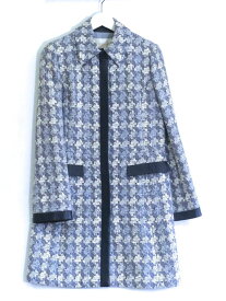 【中古】Harrods ハロッズ ツイード　コート　ラムレザー使用　シルク混コットン 淡いブルー ・2 ライトブルー kz5020226800