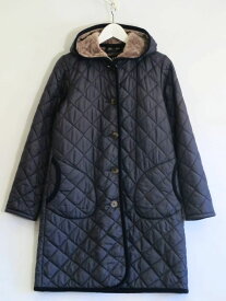【中古】LAVENHAM ラベンハム キルティング　コート　フード　内ボア ・38 ネイビー ow5022228140