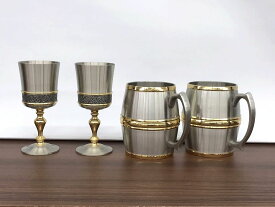 【中古】 ペナンピューター　ビアグラス　ペア＋ワイングラス　合計4客セット　金属製食器　インテリア シルバー sy5022228183