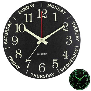 壁掛け時計 木製 夜光 電池式 掛け時計 丸型 連続秒針 静音 夜の光時計 大文字 曜日を調整することが可能 曜日 日付 掛け時計 部屋装飾 プレゼント 直径30cm