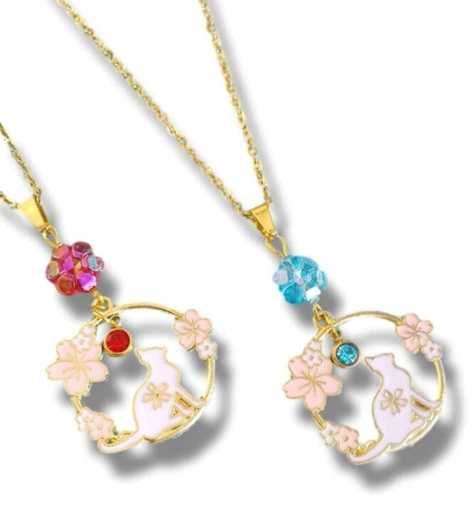 楽天市場】【ネコとお花のネックレス】 ペア ネックレス 青 赤 お揃い 