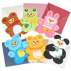 moin moin メッセージ カード くま テディベア 6種 セット 封筒付/被り物 着ぐるみ アニマル 動物 コスプレ 可愛い ピンク カラフル (ブラウン ベアー/ブルー 熊/イエロー 虎/ピンク うさぎ/グリ