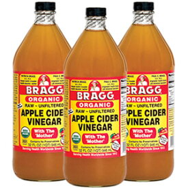 ブラグ（Bragg） オーガニック アップルサイダービネガー 946ml×3本セット日本未発売。飲む健康酢。非濾過・非加熱・非低温殺菌ナチュラルりんご酢（有機リンゴ酢）ドリンク。ガラス容器入。健康、ダイエット。スティーブ・ジョブズやレディー・ガガが愛したローフード