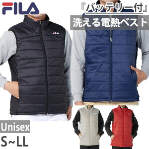 バッテリー付き フィラ メンズ レディース 電熱ベスト ゴルフウェア トップス 発熱 防寒 保温 通勤通学 アウトドア 中綿 発熱 ブラック 黒 グレー ネイビー レッド 赤 灰色 送料無料 FILA 441927