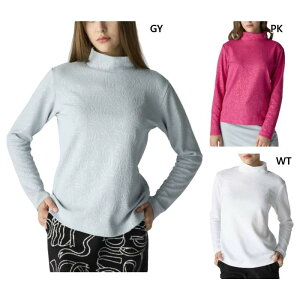 マリクレール レディース ふくれジャガード長袖モックネックシャツ ゴルフウェア トップス ホワイト 白 グレー ピンク 灰色 送料無料 marie claire 735554