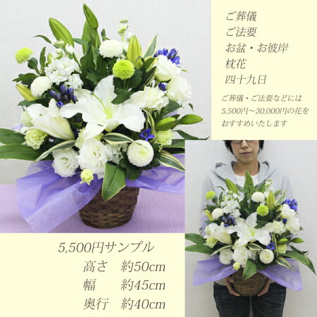 ★土日祝もあす楽★花お供えお悔やみアレンジメントおまかせ(5,500円)【送料無料】お彼岸お盆初盆生花フラワーアレンジメントフラワーギフトボリュームお花葬儀枕花命日仏花供花即日ペットお悔み花百合ゆり電報贈答バスケットカゴ花屋