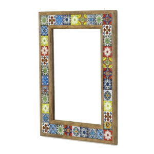 アンティーク調 メキシコタイル ウォールミラー 壁掛け 鏡 おしゃれ 床置き モダン ウッド 木製 カラフル