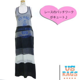 LAブランドUS RAGSユーエスラグスpaneled maxi tank dressレースなどのパッチワークボーダーがキュート♪タンクマキシワンピース インポート　ブルー　青　ノースリーブ　SS　S　M　ロング　レディース　春　夏　秋