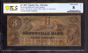 1857 $3 BROWNVILLE BANK & LAND COMPANY �l�u���X�J�B �O���[���e�B���g ����x�ꎆ�� PCGS 8