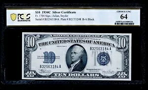 1934 C $10 �V���o�[�ؖ����m�[�g FR.1704 PCGS CHOICE UNC64