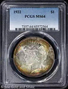1922-P $1 �s�[�X �V���o�[ �_���[ PCGS MS 64 |�g�[�������ꂽ�񗬒� UNC BU