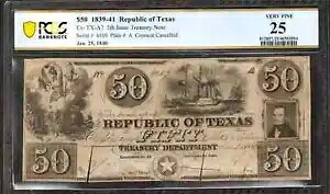 1839 �N $50 �e�L�T�X �I�[�X�e�B�����a�� �p�~���ꂽ�����Ȏ��� CR-TX-A7 PCGS B VF 25