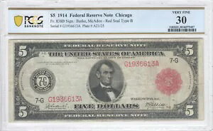 1914 �N $5 �A�M������s�V�J�S�Ԉ�̓^�C�v B Fr. 838B �o�[�N�E�}�J�h�D PCGS VF30
