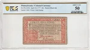 �y���V���x�j�A�B 1777 �N 4 �� 10 �� 40 �V�����O ���b�h & �u���b�N PA-223b -PCGS UNC 50 �ɂ���
